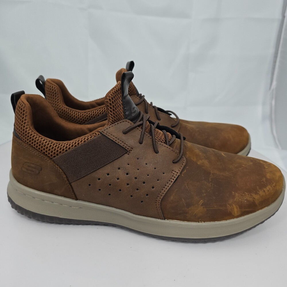 Skechers Delson Axton Men 13 Soft Toe Work Brown Distressed Leather Sneakers